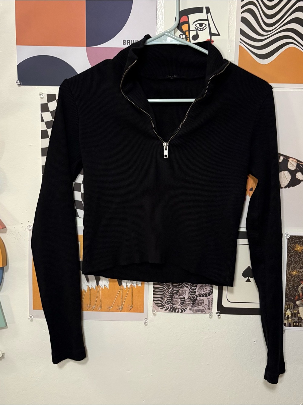 John Galt Black Ribbed Half‑Zip Long Sleeve Top